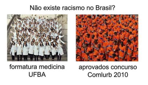 Imagens comparando uma turma de formando em Medicina na Bahia com aprovados no concurso para gari
